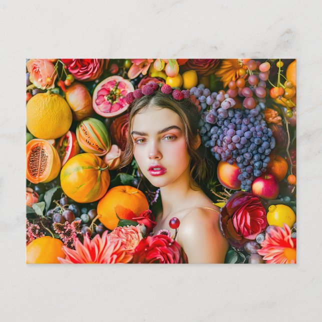 Woman with citrus fruits and flower garland postcard (Front)