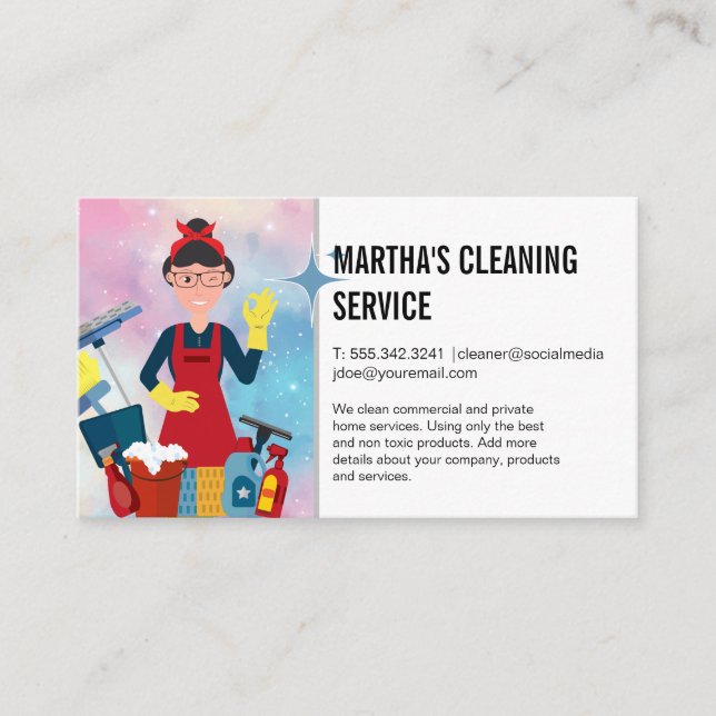 Woman with Cleaning Tools | House Cleaning Business Card (Front)