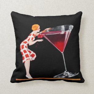 Woman with Cocktail Vintage Art Red White Black Cushion