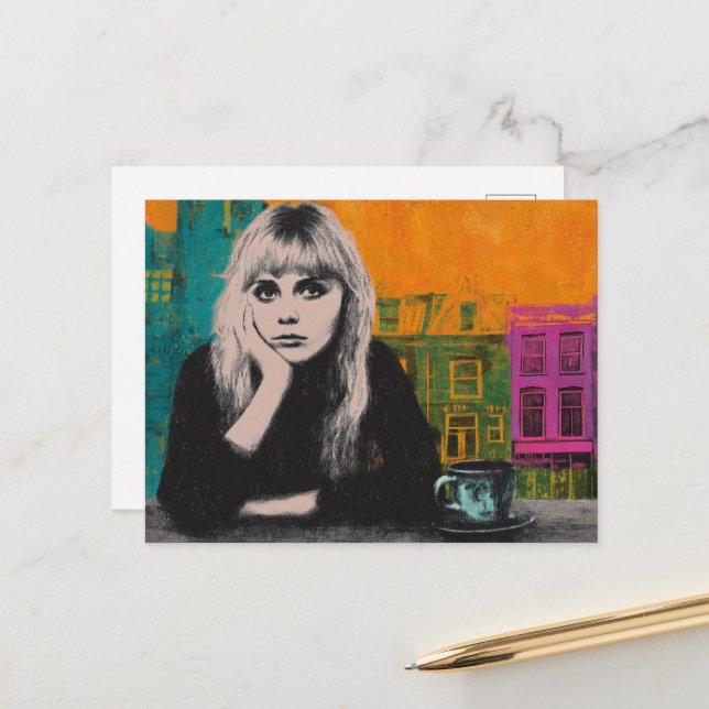 Woman With Coffee Colourful Mixed Media Postcard (Front/Back In Situ)