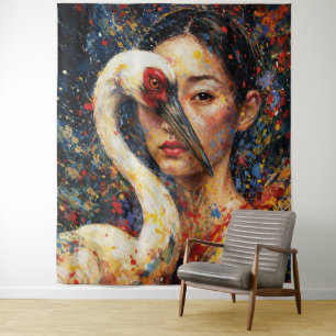 Woman with Crane Bird Colourful Splatter Tapestry