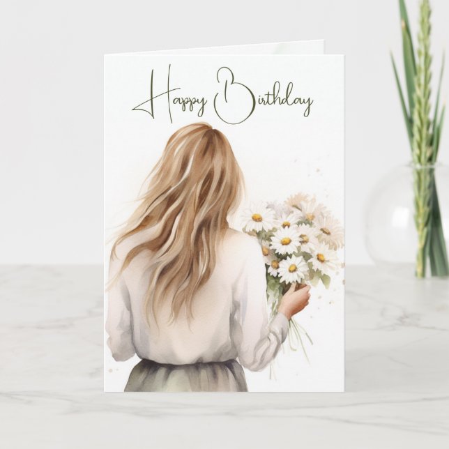 Woman With Daisy Bouquet Birthday Card (Front)