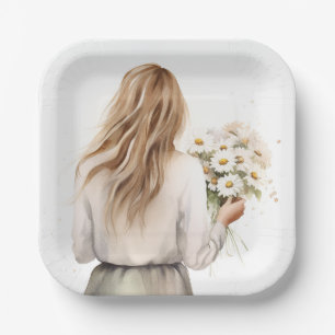 Woman With Daisy Bouquet Paper Plate