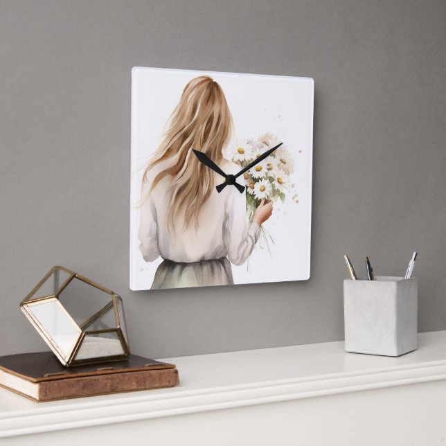Woman With Daisy Bouquet Square Wall Clock (Office)
