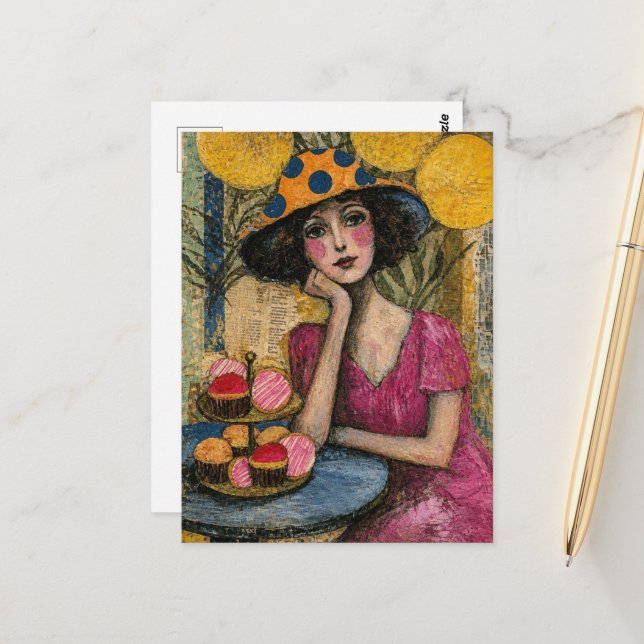 Woman With Dessert Collage Postcard (Front/Back In Situ)