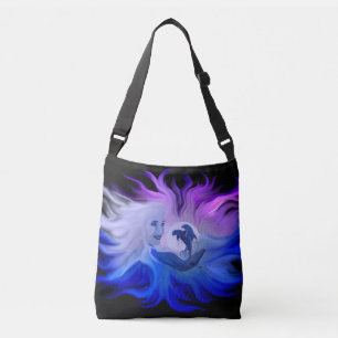 Woman with dolphins in the moonlight crossbody bag