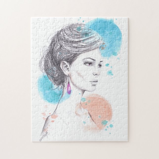Woman with earring fashion illustration sketch jigsaw puzzle (Vertical)