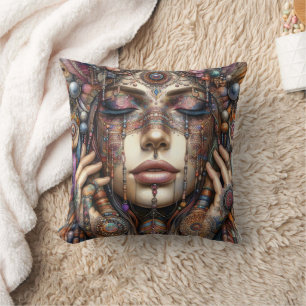 Woman with Elaborate Tribal-Inspired Ornamentation Cushion