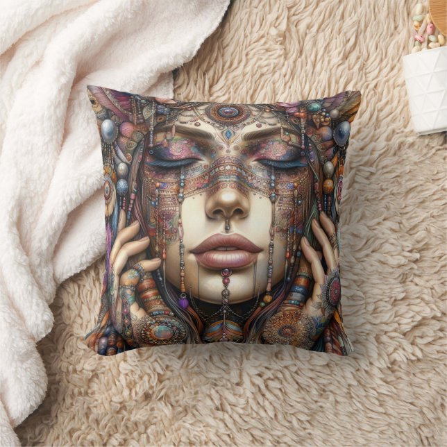 Woman with Elaborate Tribal-Inspired Ornamentation Cushion (Blanket)