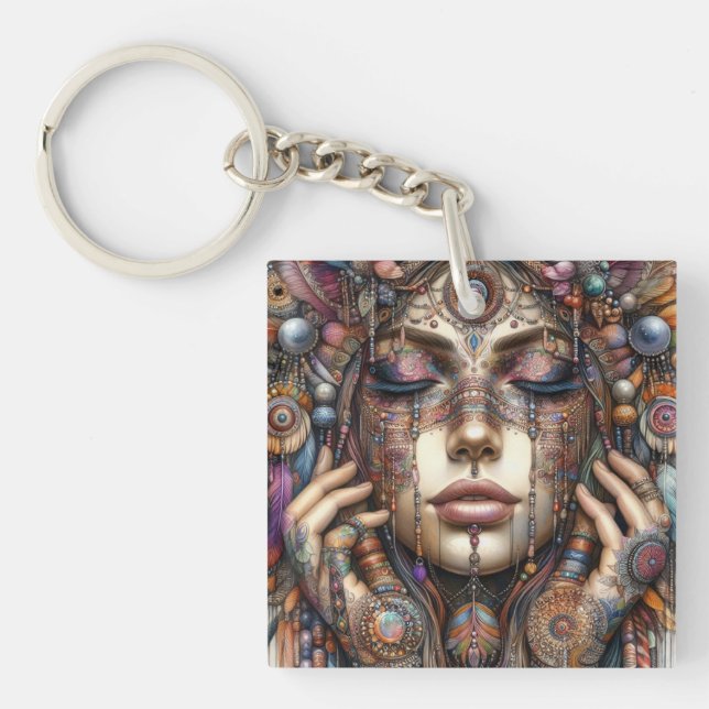 Woman with Elaborate Tribal-Inspired Ornamentation Key Ring (Front)