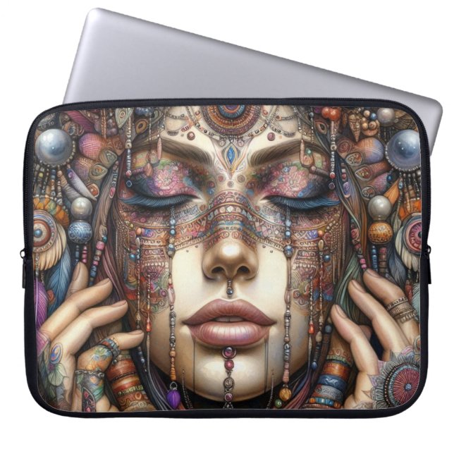 Woman with Elaborate Tribal-Inspired Ornamentation Laptop Sleeve (Front)