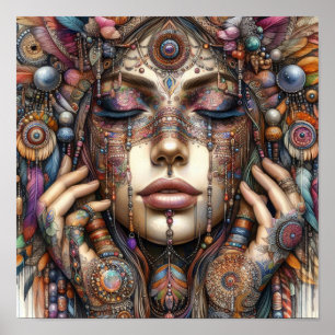 Woman with Elaborate Tribal-Inspired Ornamentation Poster
