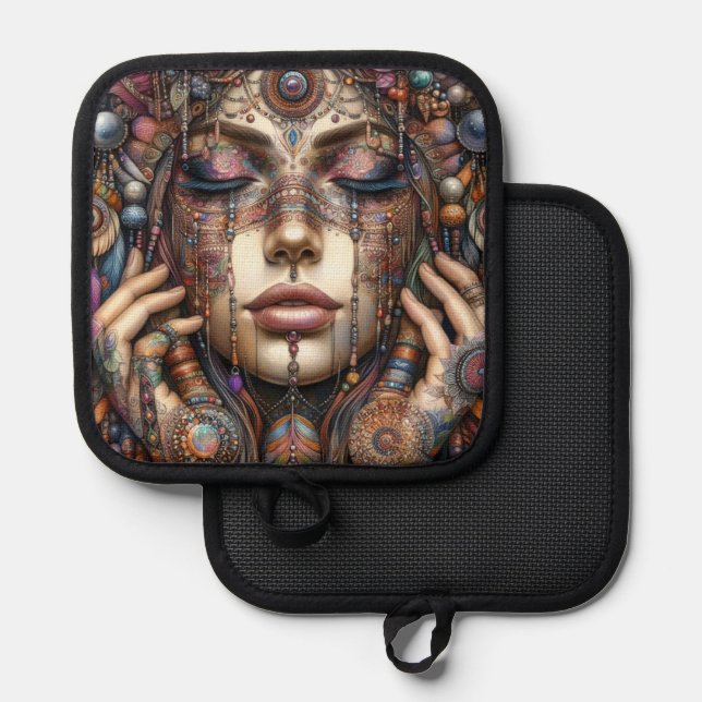 Woman with Elaborate Tribal-Inspired Ornamentation Pot Holder (Front/Back)