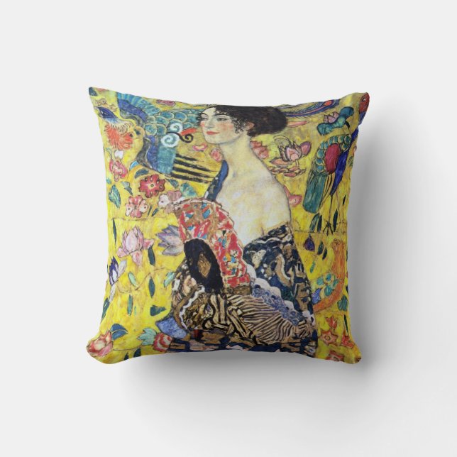 Woman with Fan by Gustav Klimt Cushion (Front)