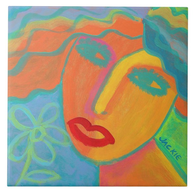 Woman with Flower 2 Original Abstract Art Ceramic Tile (Front)