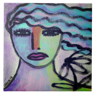 Woman with Flower Abstract Portrait Ceramic Tile