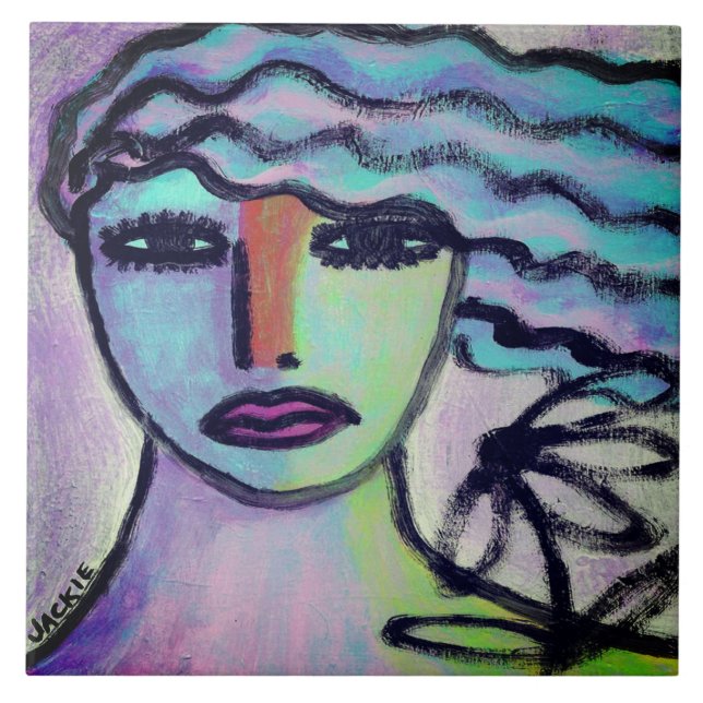 Woman with Flower Abstract Portrait Ceramic Tile (Front)