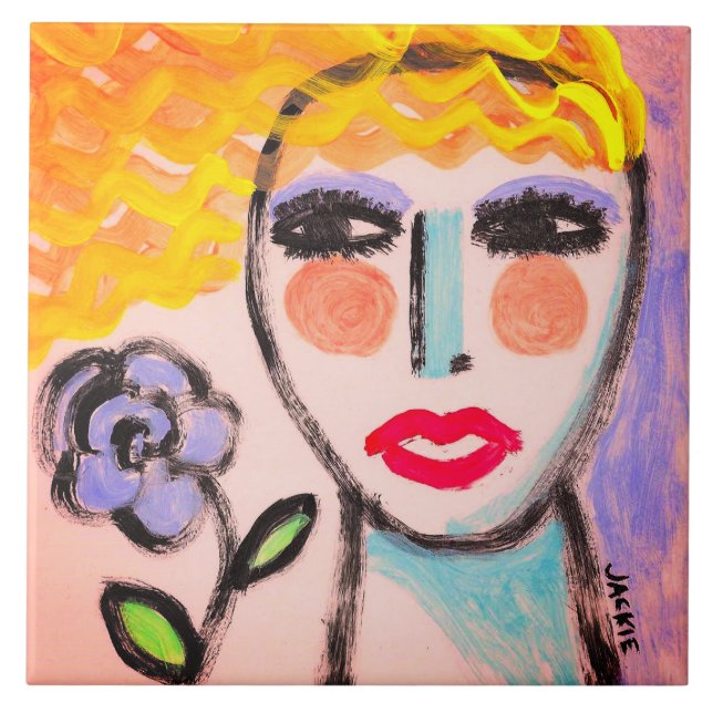 Woman with Flower Original Abstract Art Ceramic Tile (Front)