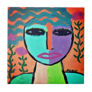 Woman with Flowers Abstract Portrait Ceramic Tile