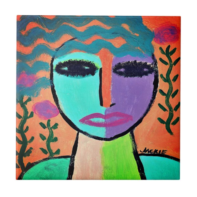 Woman with Flowers Abstract Portrait Ceramic Tile (Front)