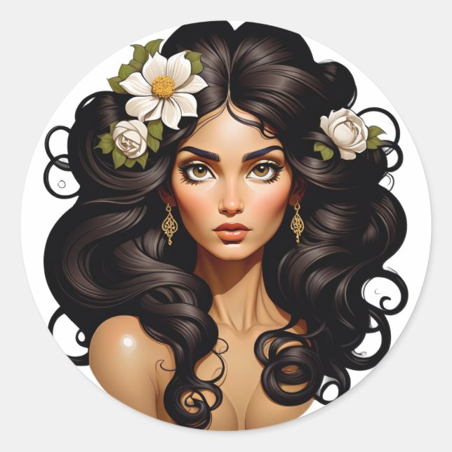 Woman with flowers in her hair. classic round sticker (Front)