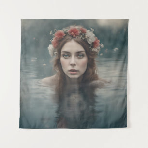 Woman With Flowers on her Head Floating in a Pond Tapestry