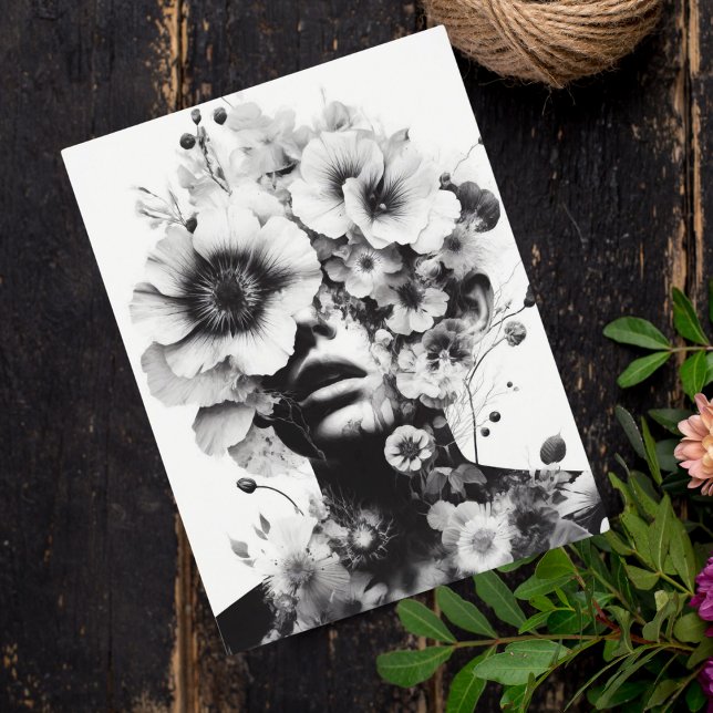 Woman With Flowers On Her Mind ai artwork Fantasy Postcard (Share mystery and beauty with this surreal floral-adorned woman's portrait postcard.)