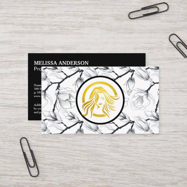 Woman with Flowing Hair | Natural Flower Branches Business Card (Front/Back In Situ)
