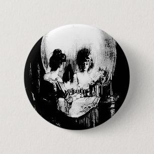 Woman with Halloween Skull Reflection In Mirror 6 Cm Round Badge