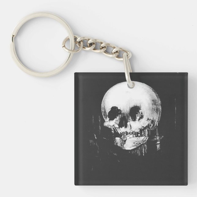 Woman with Halloween Skull Reflection In Mirror Key Ring (Front)