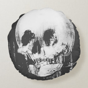 Woman with Halloween Skull Reflection In Mirror Round Cushion