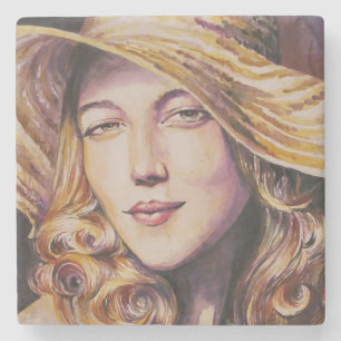 Woman with hat stone coaster