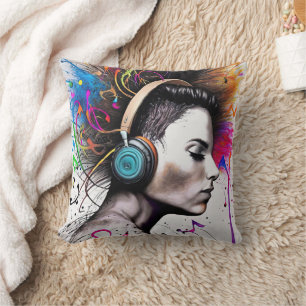 Woman with headphones cushion