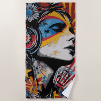 Woman with Headphones Street Art Portrait Beach Towel