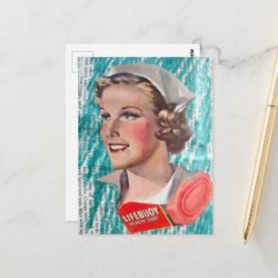 Woman with health soap from 1930s era collage postcard
