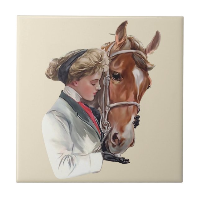 Woman With Her Favourite Horse Ceramic Tile (Front)