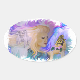 Woman with horse and butterfly in hand oval sticker