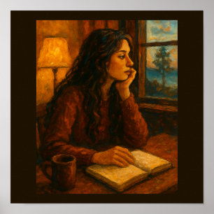 Woman with Journal Gazing Out the Window Poster