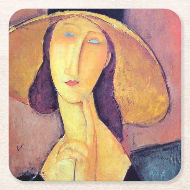Woman with Large Hat, Modigliani Square Paper Coaster (Front)