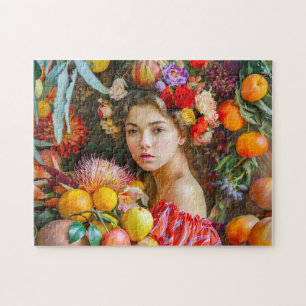 Woman with mixed fruits and floral decor jigsaw puzzle