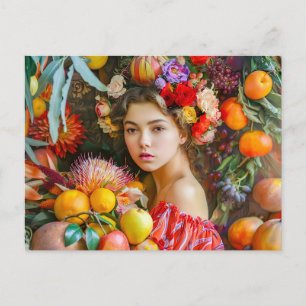 Woman with mixed fruits and floral decor postcard
