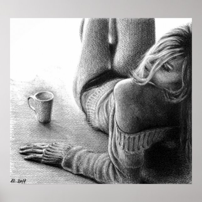 Woman with morning coffee Pencil drawing art Poster (Front)