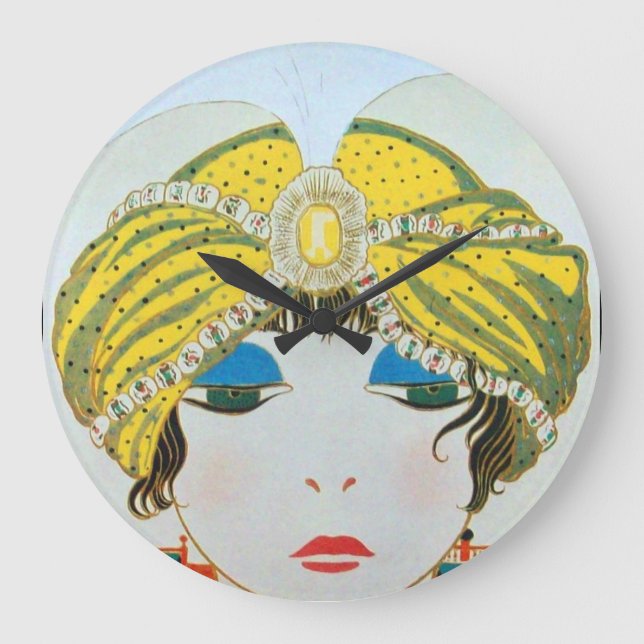 WOMAN WITH ORIENTAL YELLOW TURBAN / Beauty Fashion Large Clock (Front)