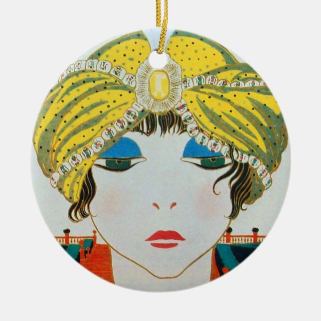 WOMAN WITH ORIENTAL YELLOW TURBAN / BLUE SAPPHIRE CERAMIC TREE DECORATION (Front)
