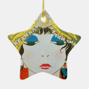 WOMAN WITH ORIENTAL YELLOW TURBAN Star Ceramic Tree Decoration