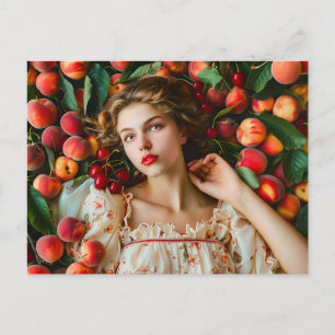 Woman with peaches and cherries postcard