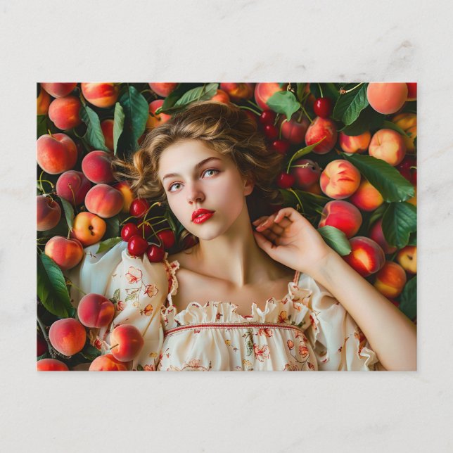 Woman with peaches and cherries postcard (Front)