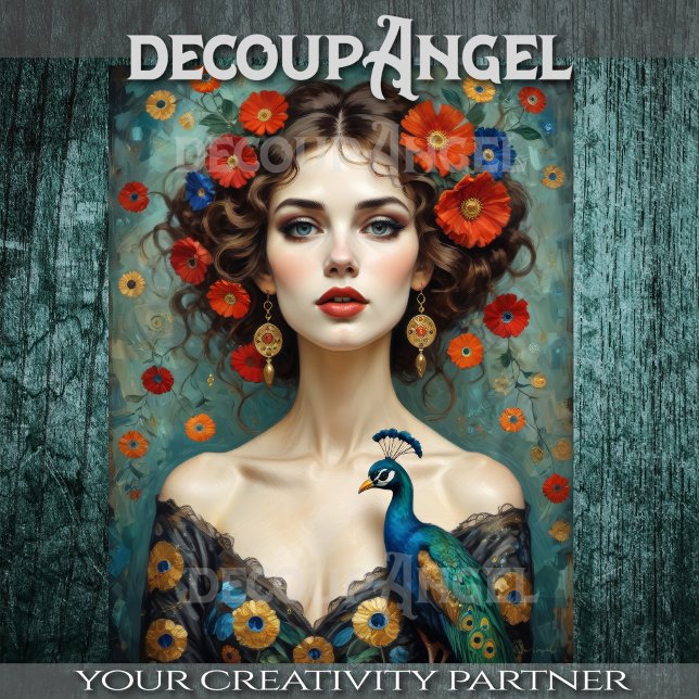 Woman with Peacock and Red Flowers in Art Nouveau  Tissue Paper (Creator Uploaded)