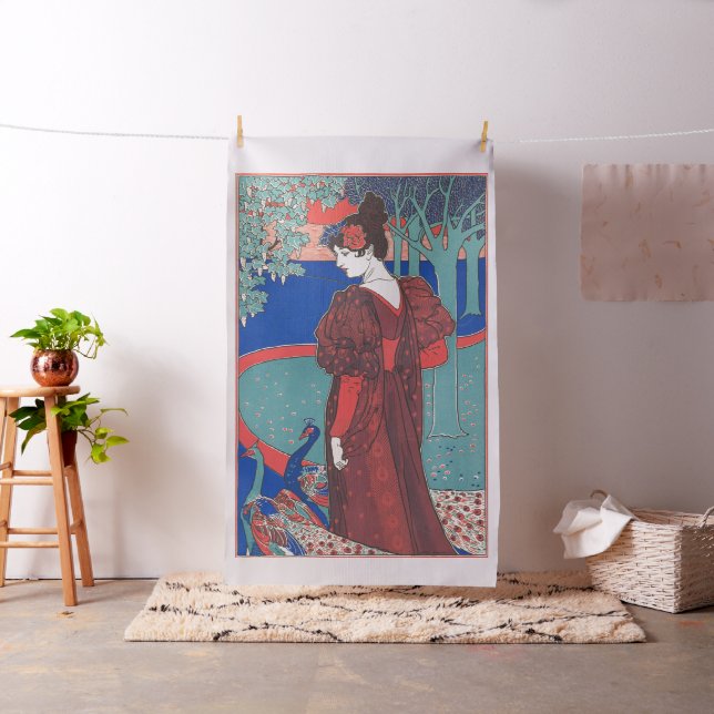 Woman With Peacocks Art Nouveau Vintage Fine Art Fabric (In Situ)