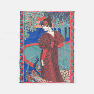 Woman With Peacocks Art Nouveau Vintage Fine Art Fleece Blanket